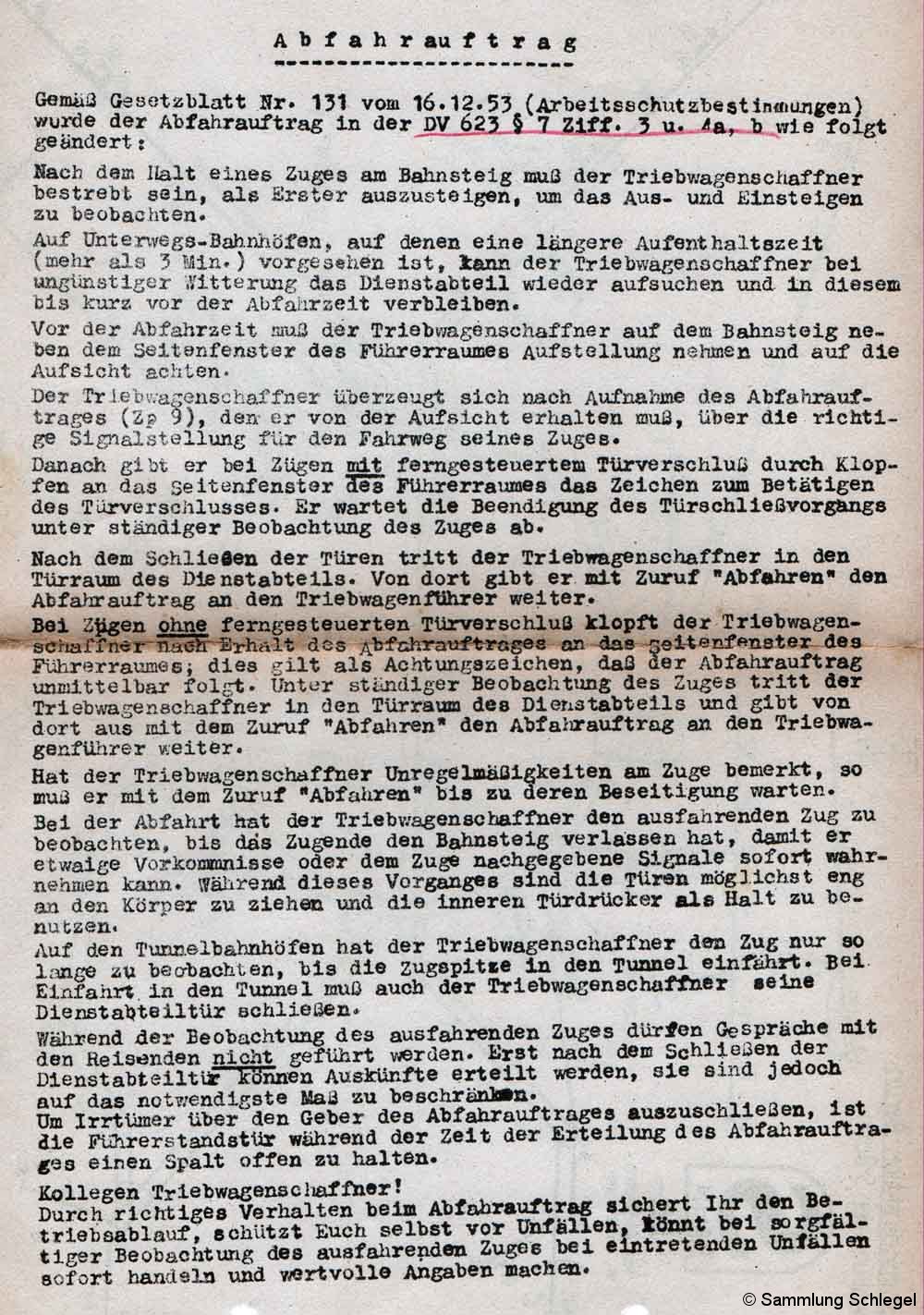 Bild: Abfahrauftrag 1950er Jahre