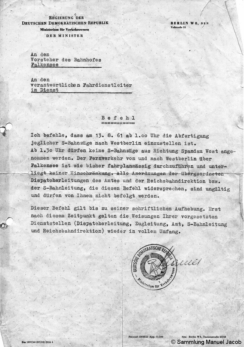 Bild: Befehl des VM der DDR an den Bf Falkensee